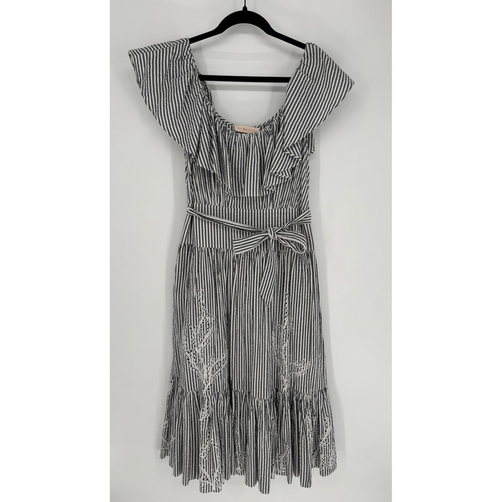 TORY BURCH EYELET EMBROIDERED‎ DRESS COTTON STRIPE MIDI NWT SIZE 8 FULL SKIRT